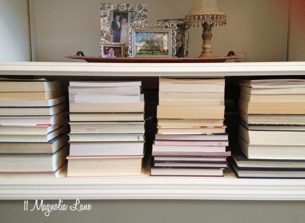 Stack books horizontally and pages out