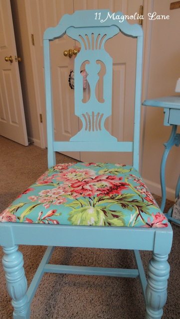 Old chair recovered with Amy Butler's Love Bliss fabric in teal.