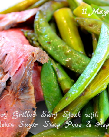 Ginger Soy Marinated Skirt Steak with Sugar Snap Peas and Asaparagus Stir Fry