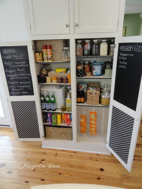 All space used in this cabinet pantry with chalkboard door
