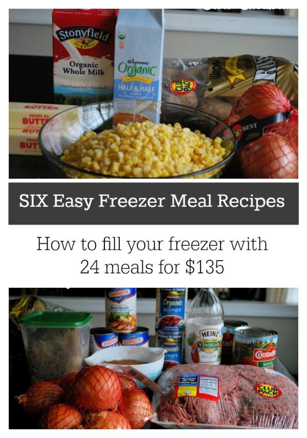 Six easy and delicious freezer meal recipes, makes 24 freezer meals for $135. All instructions/recipes included!