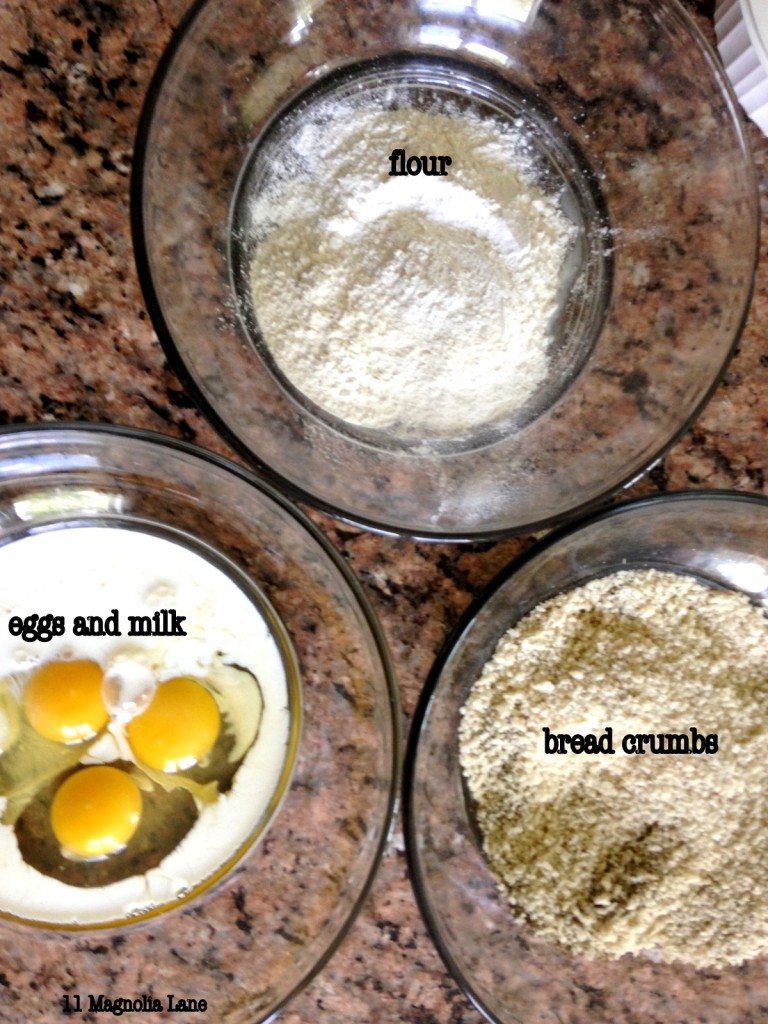 eggs, flour, breadcrumbs