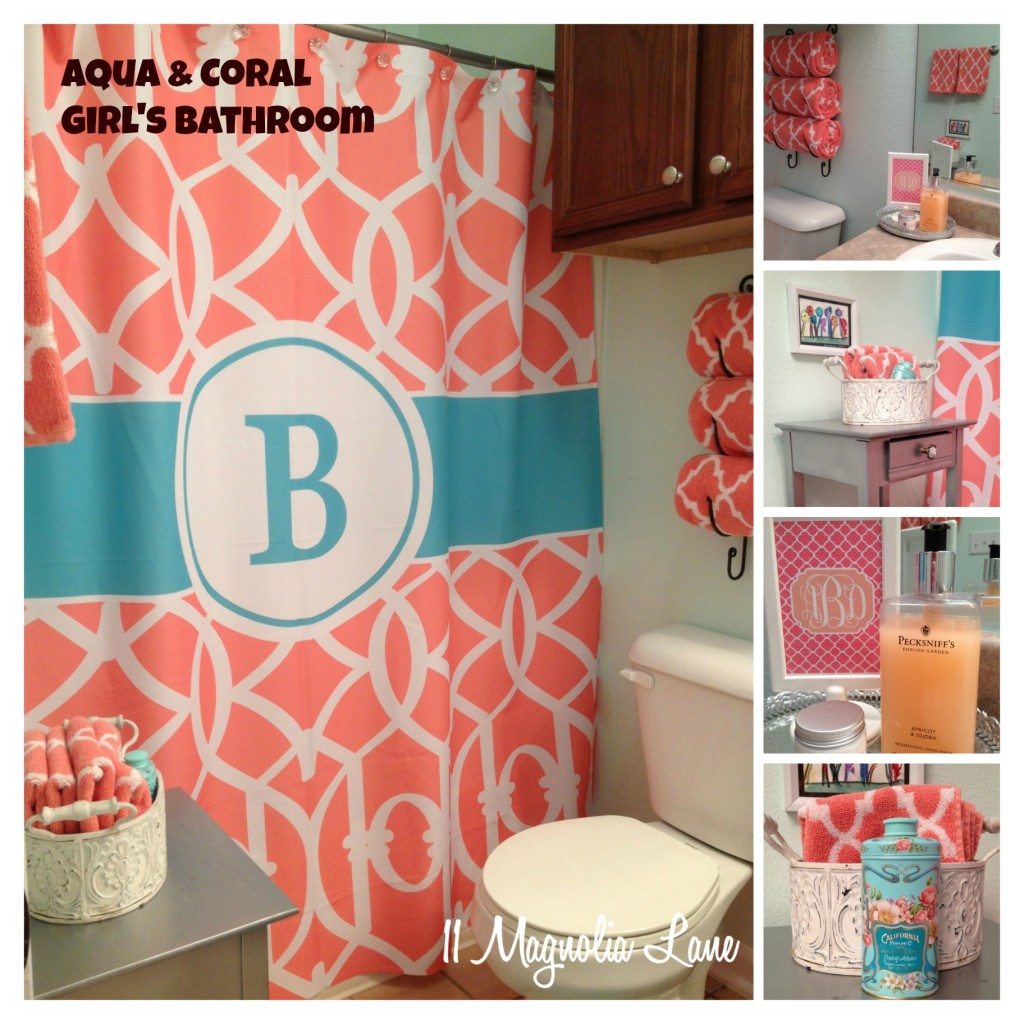 aqua coral bathroom monogram