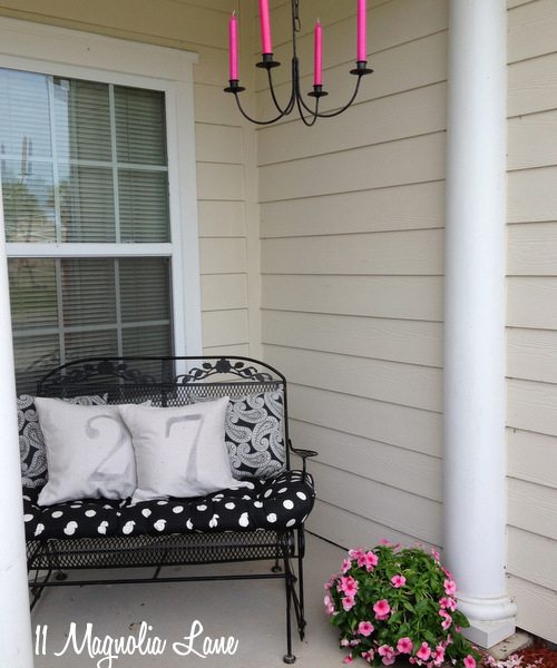 Front porch with black, white, and pink