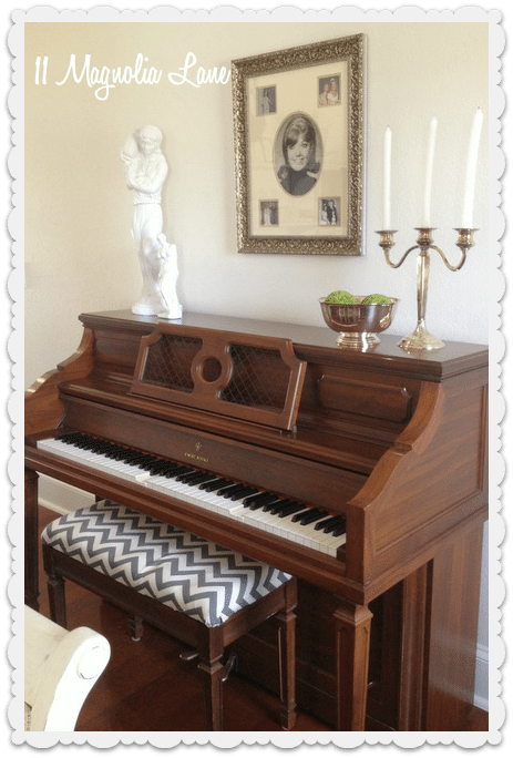 piano with gray chevron seat