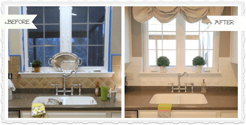 Painted tile backsplash before and after