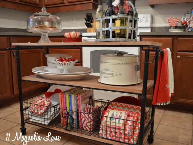 kitchen cart decorated for Christmas