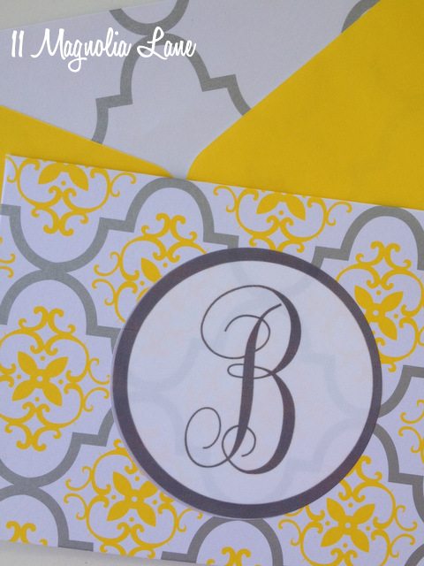 yellow gray quatrefoil damask diy monogrammed notecards