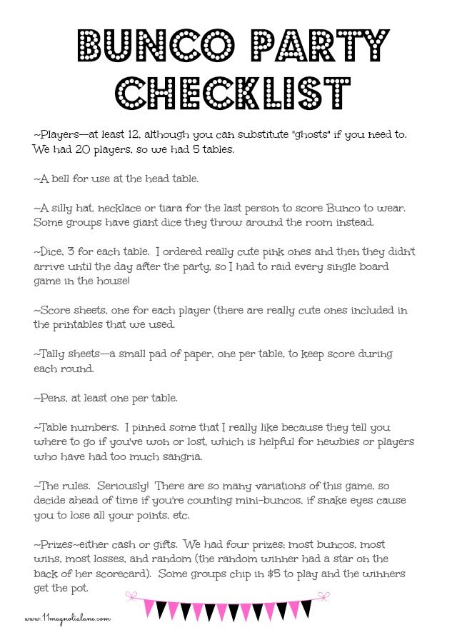 bunco party checklist
