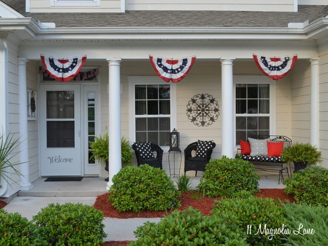 Fourth of July front porch with red, white, and blue bunting