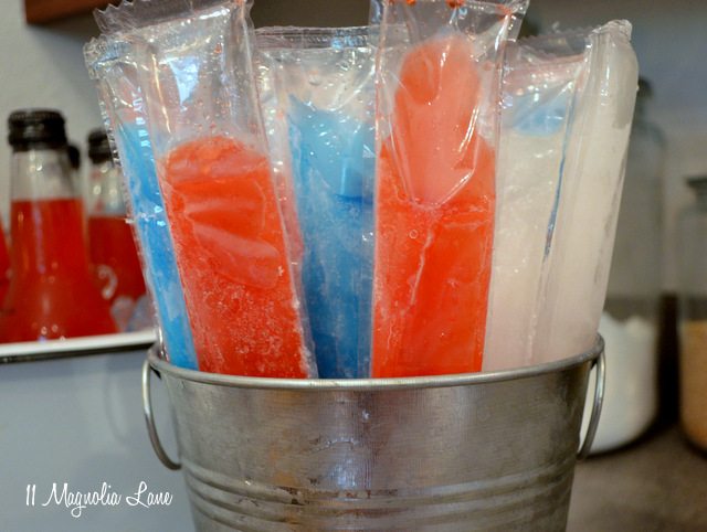 Red, white, and blue ice pops in galvanized bucket--4th of July