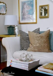 Teal blue and gold living room
