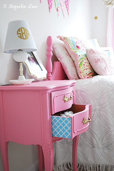 update a vintage nightstand with cute shelf paper for colorful surprise