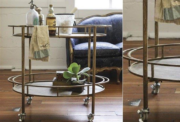 I absolutely LOVE this rolling bar cart from Antique Farmhouse; would also work as a side/end table next to a sofa, or even a nightstand.  