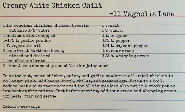 Cream White Chicken Chili | 11 Magnolia Lane