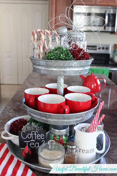 Decorate a galvanized three-tiered stand for the holidays