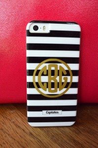 Round gold monogram on black and white striped iPhone case | 11 Magnolia Lane