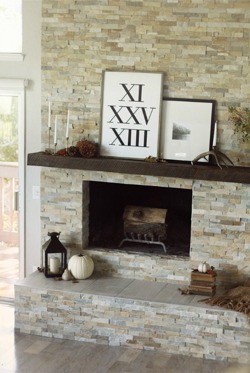 Stacked stone ledger fireplace 
