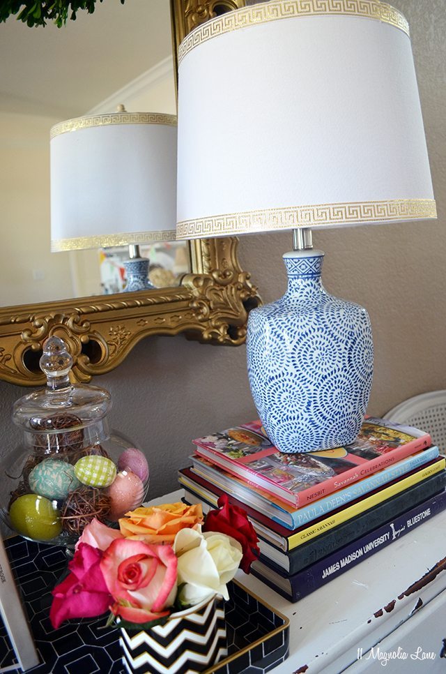 Blue and white lamp with gold Greek key trim | 11 Magnolia Lane
