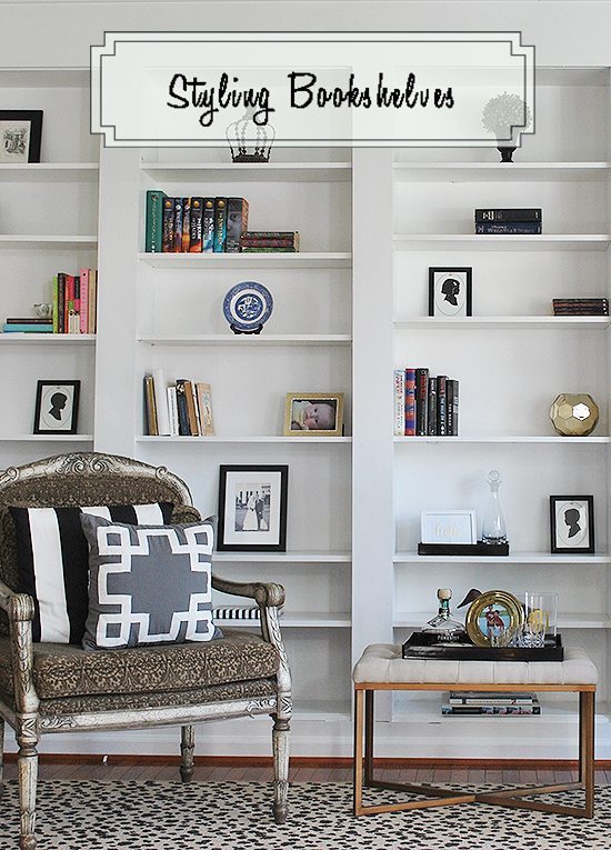 These bookshelves started as inexpensive IKEA Billy bookshelves, tips on styling them.