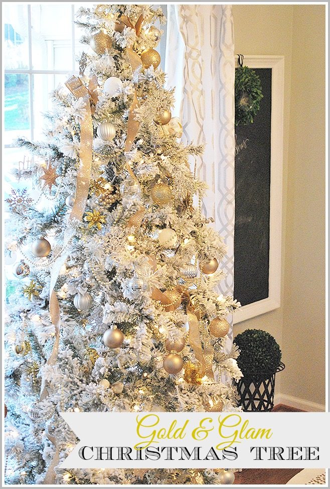 A flocked tree looks beautiful with gold, silver and white ornaments and gold beads, add some interest to your holiday decor with non-traditional colors.