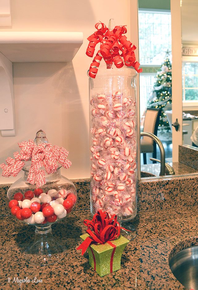Peppermints and red and white gumballs in apothecary jars | 11 Magnolia Lane