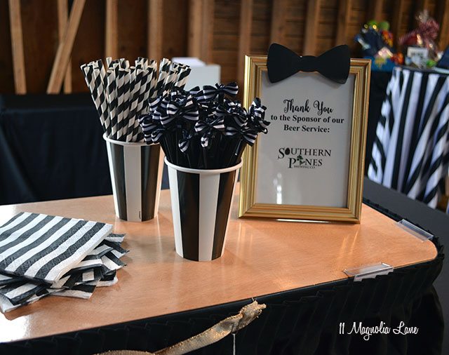 Bowtie swizzle sticks; Formal event decor: black and white stripes with gold