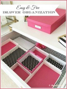Organize desk drawers by reusing boxes (these are phone and iPad) and lining with scrapbook paper--free organization!