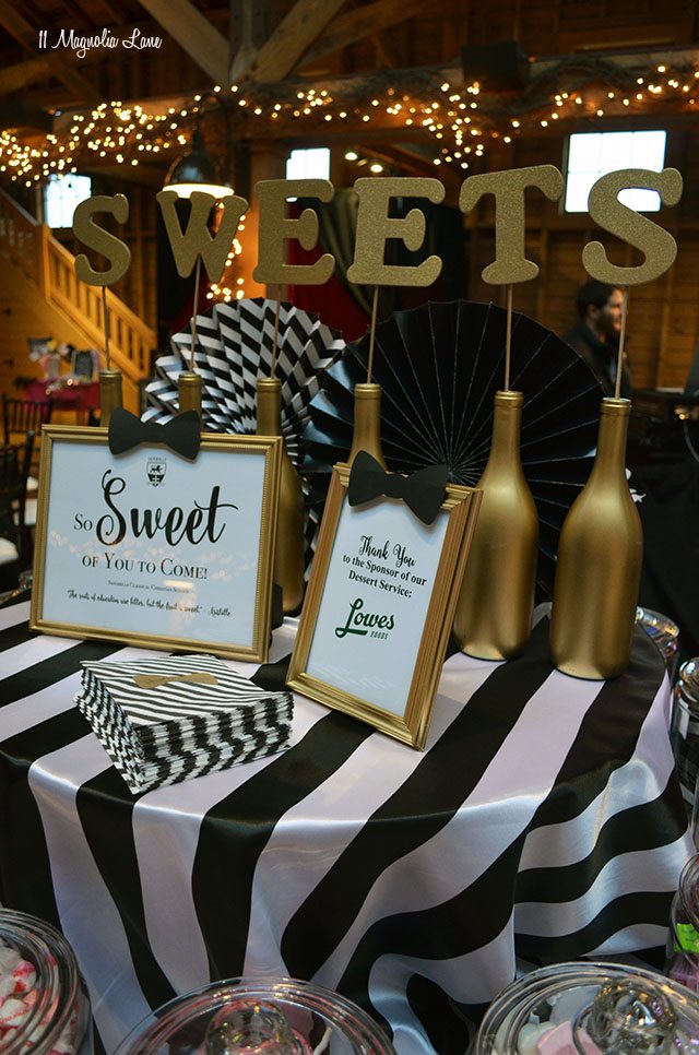 Candy/ sweets bar; Formal event decor: black and white stripes with gold