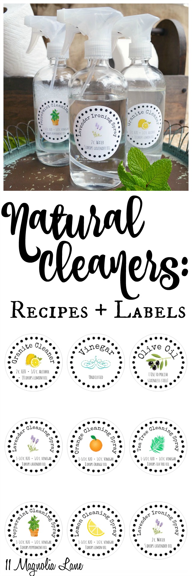 Spring cleaning tips, including natural cleaning solution recipes and free printable labels | 11 Magnolia Lane