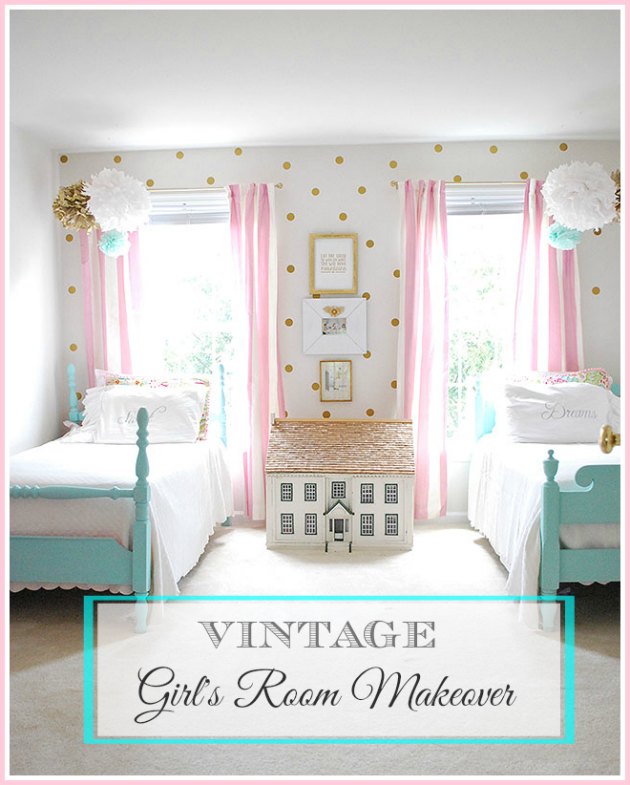 A vintage Girls room with painted twin beds, a pink and gold color scheme and easy DIY artwork.