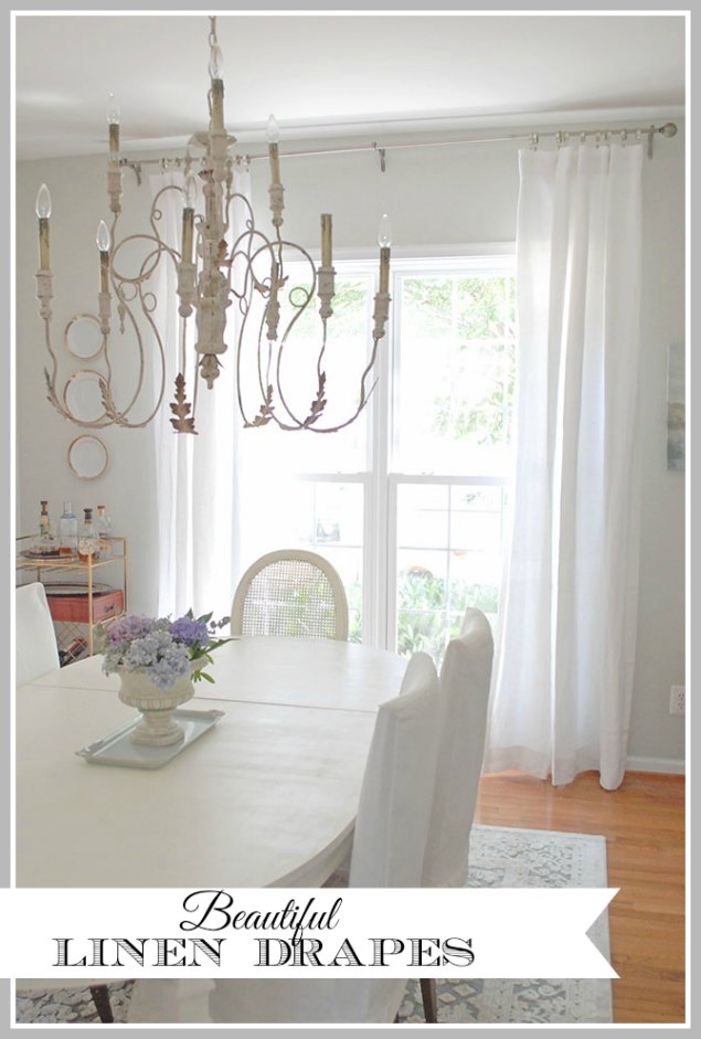 Beautiful new linen drapes in the Dining Room, and affordable source for custom linen draperies