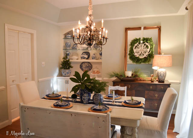 Blue and white dining room decorated for Christmas | 11 Magnolia Lane 