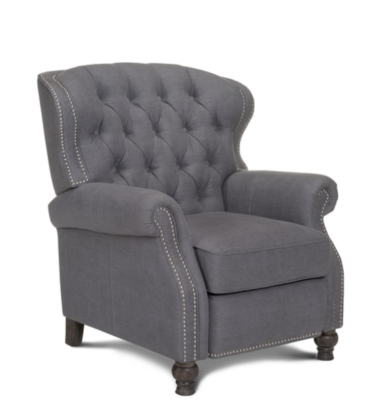 This beautiful recliner is perfect for couples--it's super comfortable, so guys love it, but it's also beautiful, so ladies love it, too! It features linen look fabric with tufting and nail head trim. | 11 Magnolia Lane