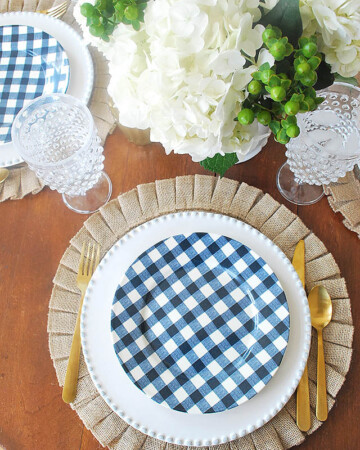 A spring progressive dinner party, a blue and white gingham tablescape
