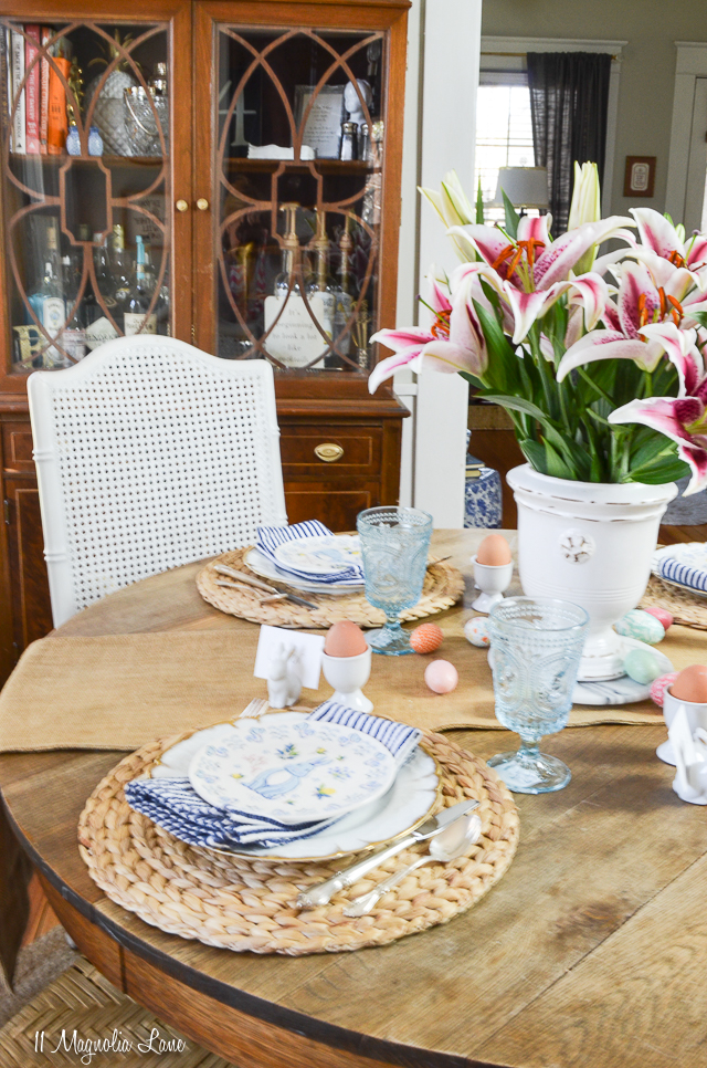 Casual Easter tablescape with blue and white touches | 11 Magnolia Lane