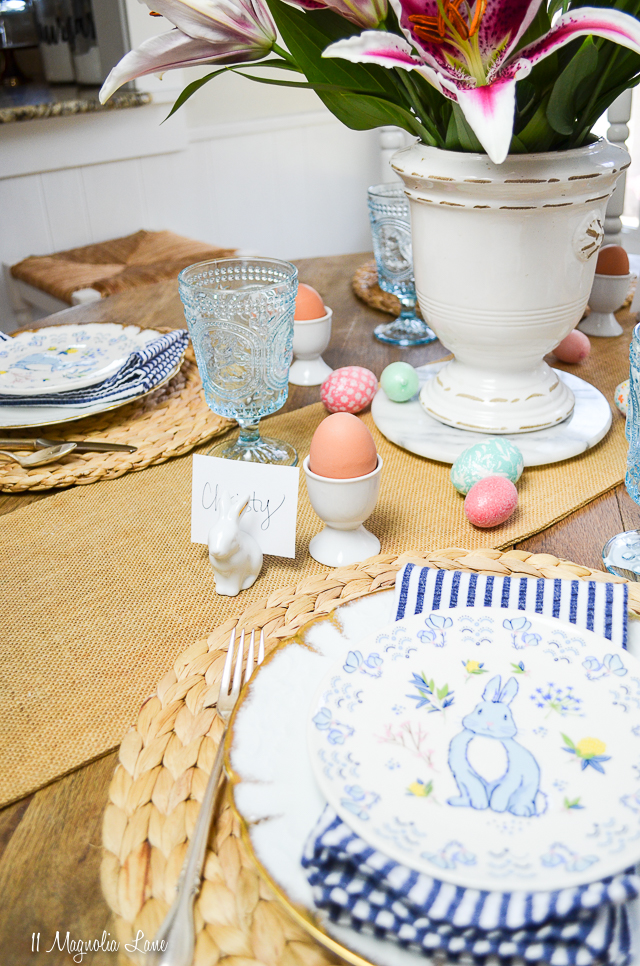 Casual Easter tablescape with blue and white touches | 11 Magnolia Lane
