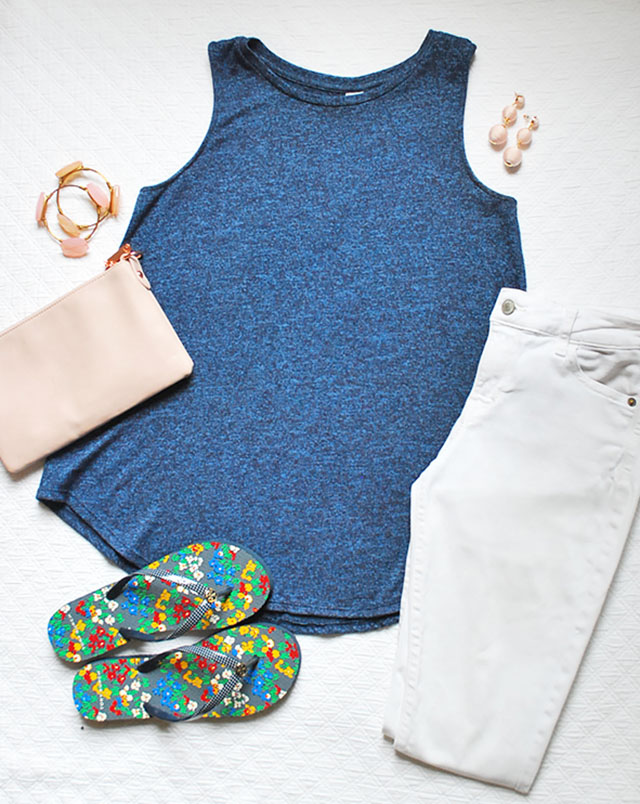 Easy and fun spring outfit, blue swing top, white jeans and floral flip flops. Perfect outfit for a spring picnic!