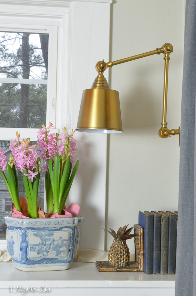Review and photos of brass gold plug in library wall sconces | 11 Magnolia Lane