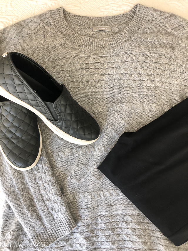 Gray cable knit sweater black leggings black slip on quilted loafers
