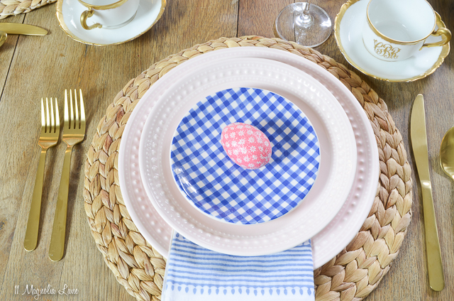 Easter spring table setting with blue willow china, gold and white monogrammed vintage Limoges porcelain, blue gingham appetizer plates, and gold flatware | 11 Magnolia Lane
