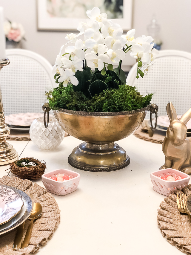 orchid centerpiece and glam and gold easter table