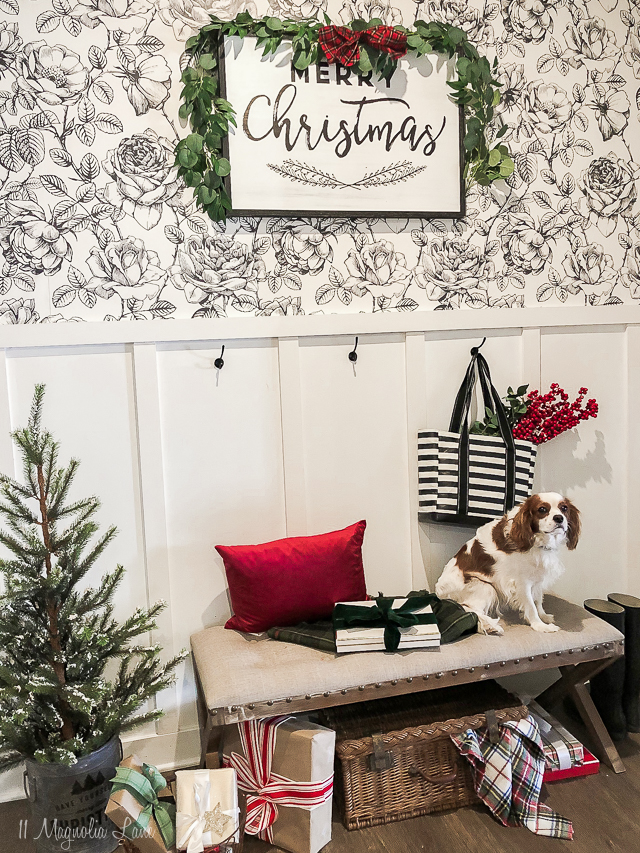 mudroom decorated for christmas