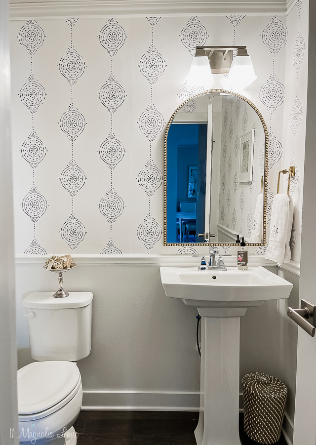 Small Powder Room With Blue and White Wallpaper