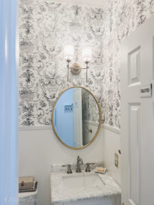 powder room with traditional wallpaper
