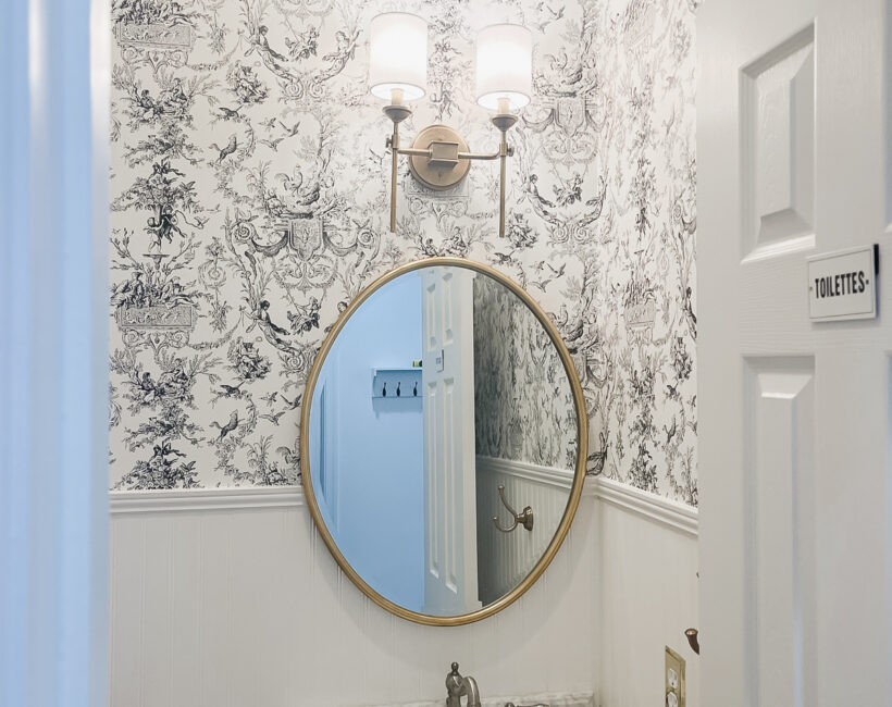 powder room with traditional wallpaper